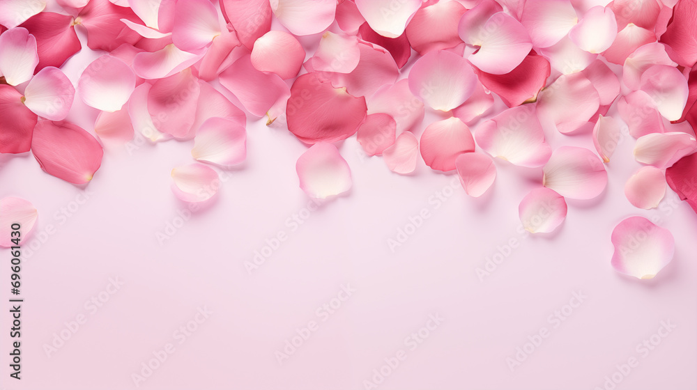 A simple and elegant scattering of rose petals, Flowers composition, Wedding day, Women’s Day, Flat lay, top view, with copy space