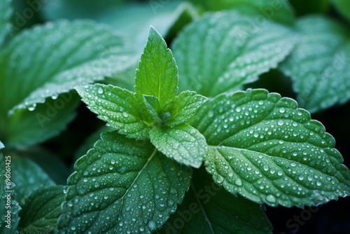 A close-up of mint green mint leaves covered in dewdrops, glistening in the early morning light.
