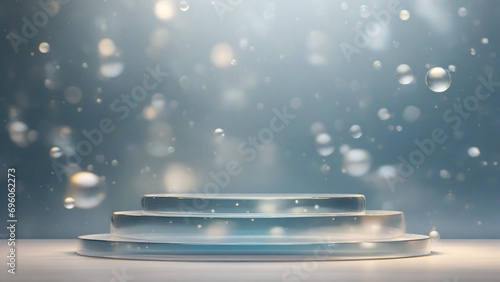blue water transparent podium on a blue transparent bubbles bokeh background, 3d render photo
