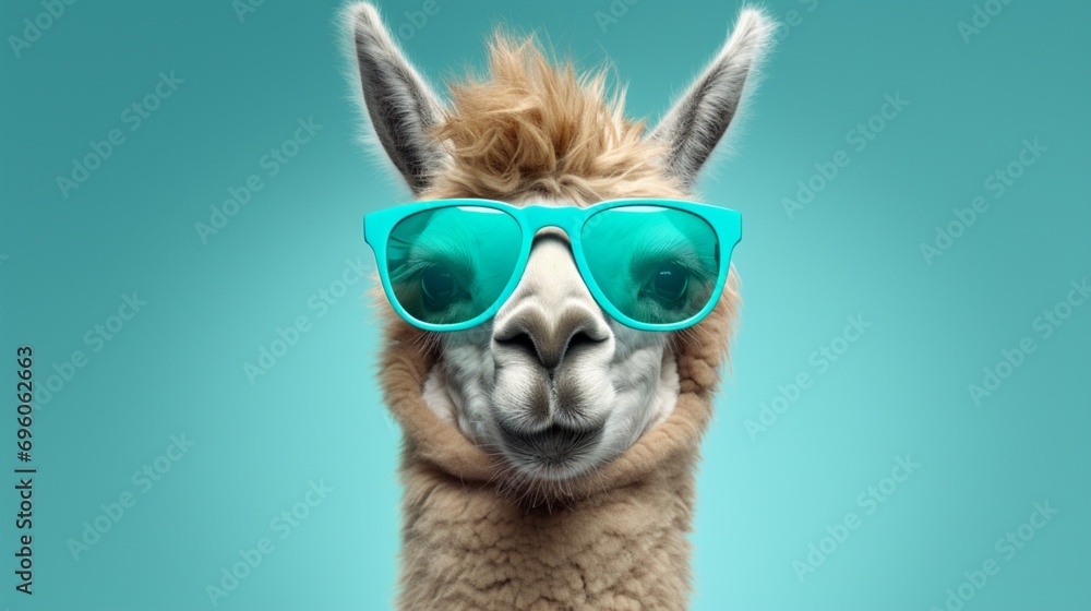 Generate a suave llama donning stylish glasses, captured in high-definition against a plush teal background