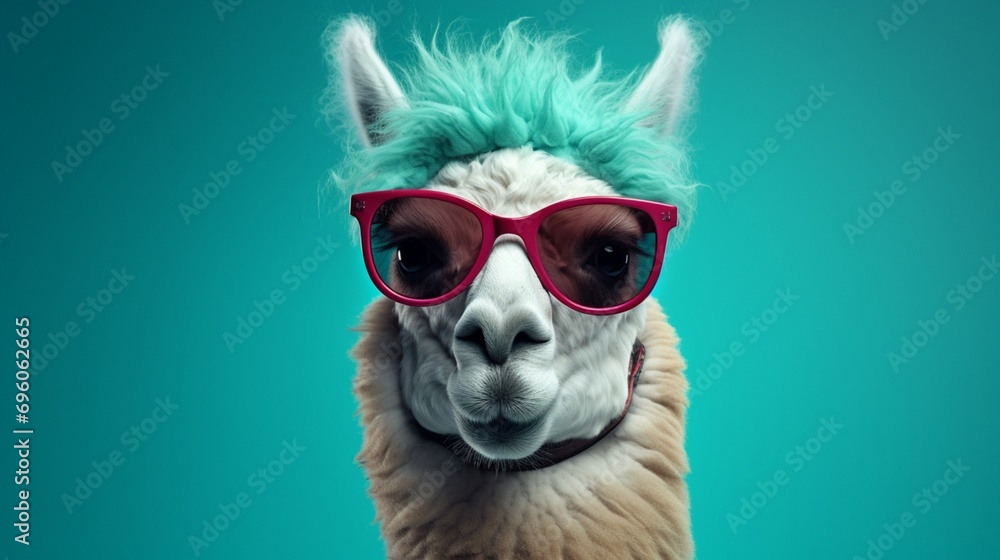 Generate a suave llama donning stylish glasses, captured in high-definition against a plush teal background Generate a suave llama donning stylish glasses, captured in high-definition against a plush teal background