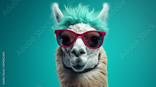 Generate a suave llama donning stylish glasses, captured in high-definition against a plush teal background © IzhaanXcreations07