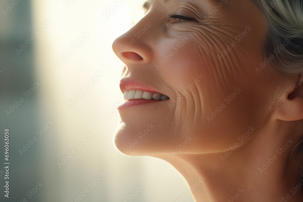 Skin Care, Senior Woman smiling, Home Cosmetics, Elderly Age, Cosmetic Procedures. Close-up, half of the face. Elderly woman 50 years old Looking away, face in profile. Skin Care, Senior Woman smiling, Home Cosmetics, Elderly Age, Cosmetic Procedures. Close-up, half of the face. Elderly woman 50 years old Looking away, face in profile.