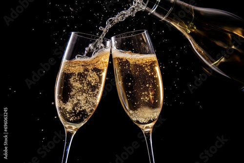 A close-up shot of two clinking champagne glasses, bubbles rising to the surface in a joyous New Year's toast.