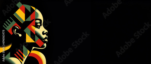 Black History Month banner with copy space. Afro-American woman's silhouette in profile with red, green, yellow geometrical elements against a black background