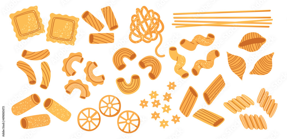 Different types pasta. Cartoon italian fast food, spaghetti, penne, ravioli and tagliatelle, products made of dough for boiling, vector set.eps