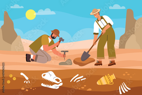 Archaeological excavations process. Scientists are looking for historical values, men with tools dig up dinosaur bones, vector illustration.eps
