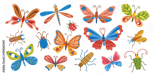  Colorful boho butterflies and decorative bugs. trendy patterned insects, flying and crawling, spring and summer nature, beetles, vector set.eps