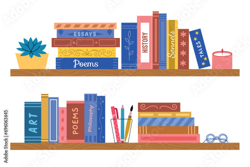 Cozy room cartoon bookshelves. Thick literary volumes rows, bright spines and covers with titles, prose and poetry, home library, vector set.eps