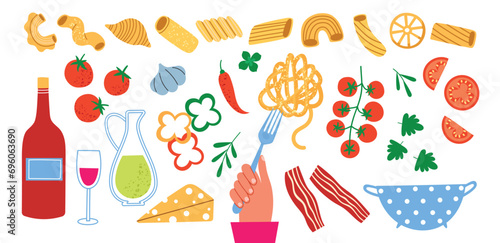 Italian pasta food. Different matching products, taste enhancing ingredients, tomatoes, olive oil, hand with fork and spaghetti, vector set.eps