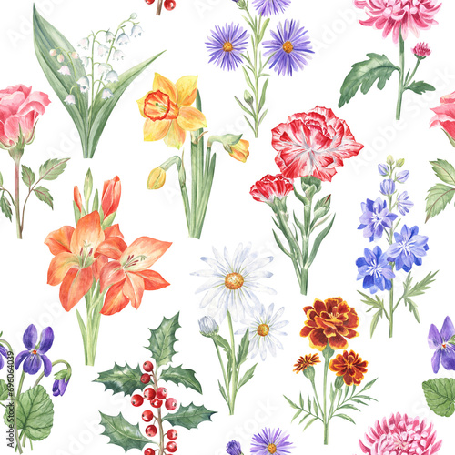 Seamless pattern with the birth month flowers - watercolor illustration on transparent background. There are 12 types of flowers that symbolize months of the year
