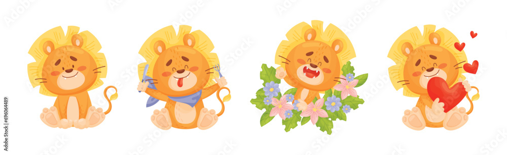 Fototapeta premium Lion Cub Character with Mane Engaged in Different Activity Vector Set