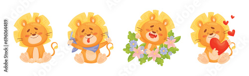 Lion Cub Character with Mane Engaged in Different Activity Vector Set