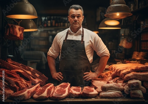 A cinematic shot of a proud butcher standing behind a pristine wooden counter, surrounded by an arra photo