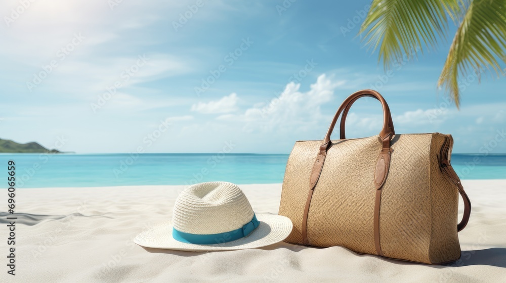 tylish straw beach bag on sandy shores, embodying coastal elegance.