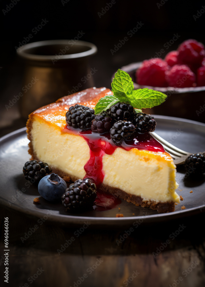 Piece of Burnt Basque Cheesecake with berries on the top Piece of Burnt Basque Cheesecake with berries on the top