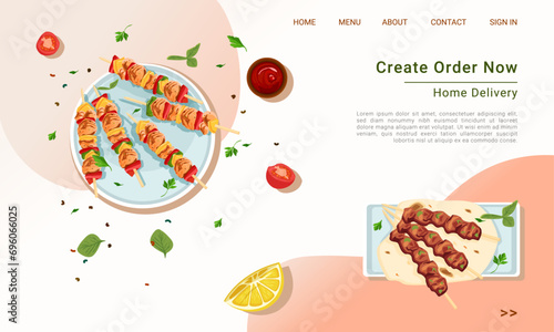 Grilled chicken and vegetable skewers with peppers, tomatoes, potatoes, top view. Meat and vegetable kebabs on skewers. Web page design template. Vector illustration for poster, banner.