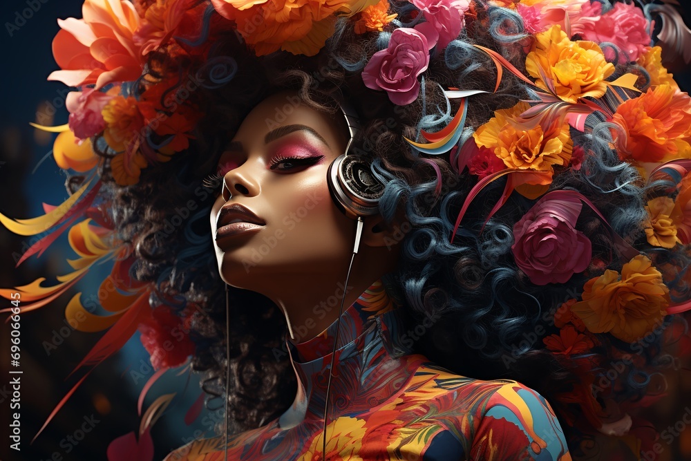 Profile portrait of young beautiful African American  girl with colorful flowers - obrazy, fototapety, plakaty 