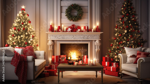 Interior of decorated living room with Christmas tree and comfortable sofa for family comeliness © Summit Art Creations