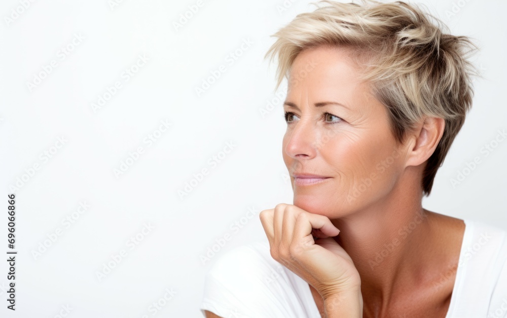 Close up portrait photography pensive expression happy mature woman with short hair wearing a classic white shirt. portrait of a female thinking isolated on white background. Generative ai Close up portrait photography pensive expression happy mature woman with short hair wearing a classic white shirt. portrait of a female thinking isolated on white background. Generative ai