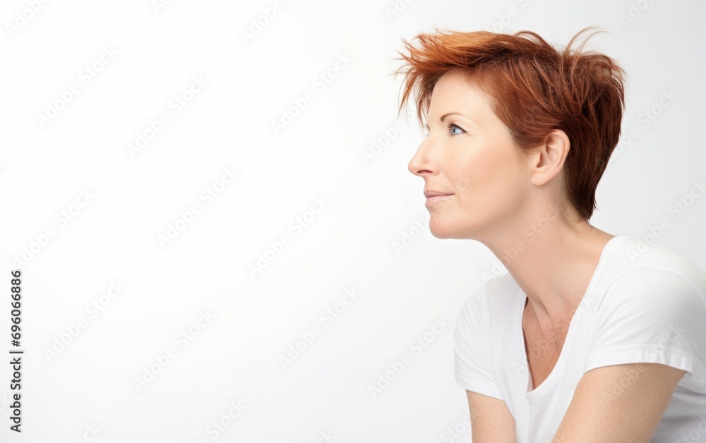 Obraz premium Close up portrait photography pensive expression happy mature woman with red short hair wearing a classic white shirt. portrait of a female thinking isolated on white background. Generative ai