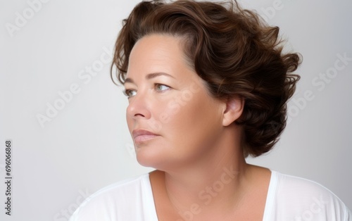 Close up portrait photography pensive expression happy mature woman with short hair wearing a classic white shirt. portrait of a female thinking isolated on white background. Generative ai