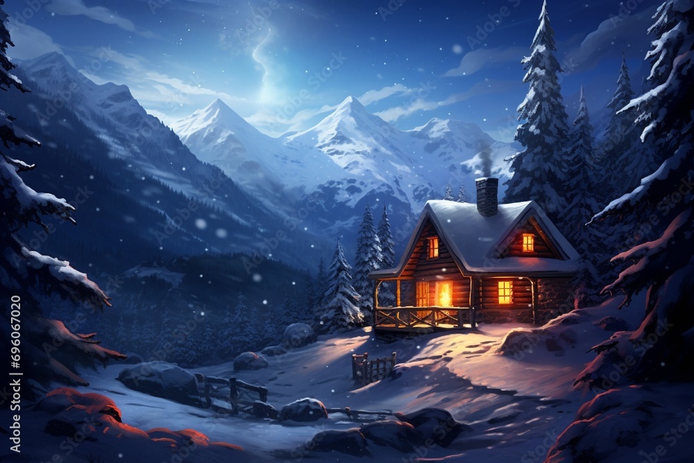 A cozy cabin with smoke rising from the chimney, nestled in a snowy valley under a clear, starry winter night. - obrazy, fototapety, plakaty 