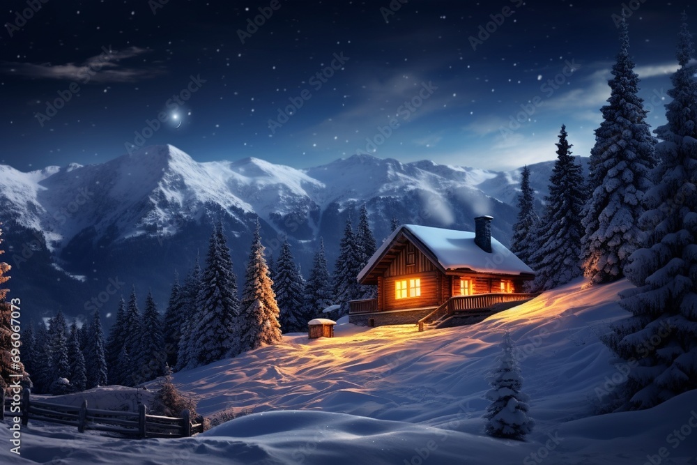 A cozy cabin with smoke rising from the chimney, nestled in a snowy valley under a clear, starry winter night.