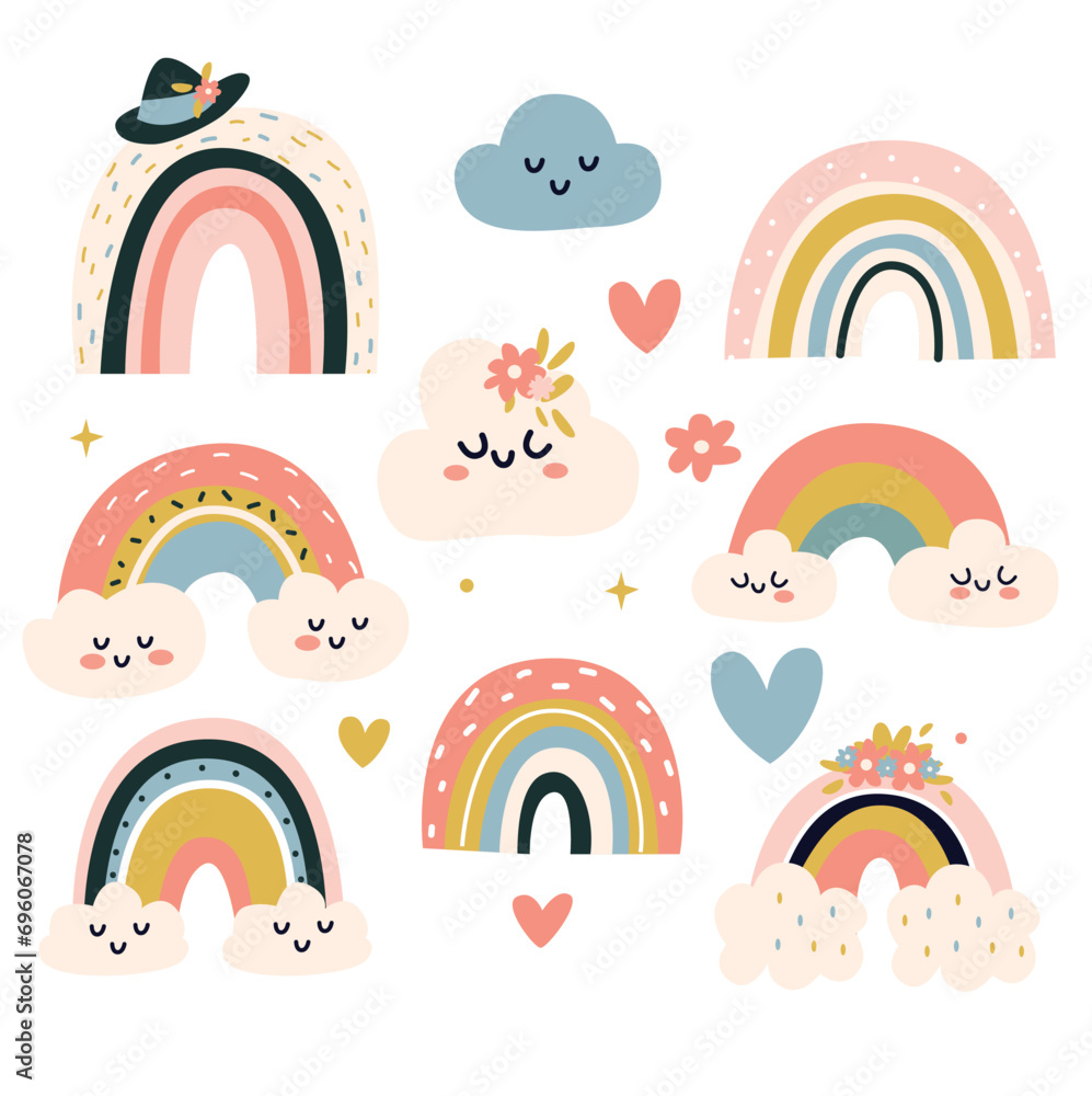 Cute hand drawn vector rainbows, clouds, hearts, clouds and stars. Scandinavian style illustration.