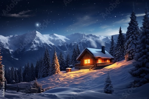 A cozy cabin with smoke rising from the chimney, nestled in a snowy valley under a clear, starry winter night.