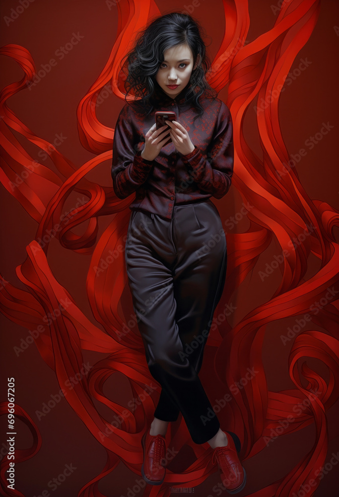 Fototapeta premium Asian woman lady on a red background holding a mobile smartphone.