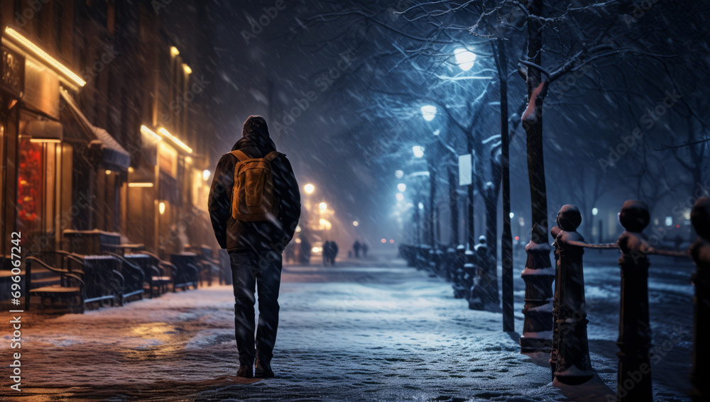 A person walks along a snowy city Quite street at night, with city lights reflecting on the fresh snowfall, creating a magical and quiet urban winter scene