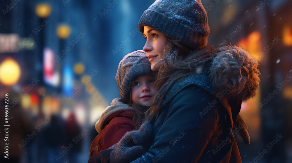 A woman and child walks down a busy cold, winter city street at night. Mother and son smile hugging on a cold and snowy street at night A woman and child walks down a busy cold, winter city street at night. Mother and son smile hugging on a cold and snowy street at night