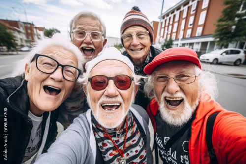 Group of elderly people taking a selfie  Spirited portrait  happy smiling group of senior citizens  pensioners having fun