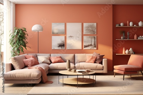 A cozy corner in a modern living room  boasting a curved sofa  ottoman  and armchair against a coral backdrop. The Japandi influence is evident in the seamless integration of style and comfort.