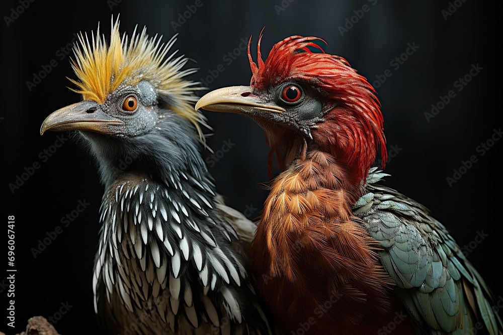 Exotic birds with feathery crests display a wild, untamed beauty
