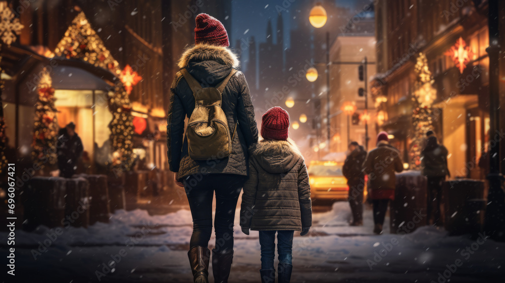 A woman and child walks down a busy cold, winter city street at night. Mother and son smile hugging on a cold and snowy street at night A woman and child walks down a busy cold, winter city street at night. Mother and son smile hugging on a cold and snowy street at night