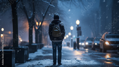A person walks along a snowy city Quite street at night, with city lights reflecting on the fresh snowfall, creating a magical and quiet urban winter scene photo