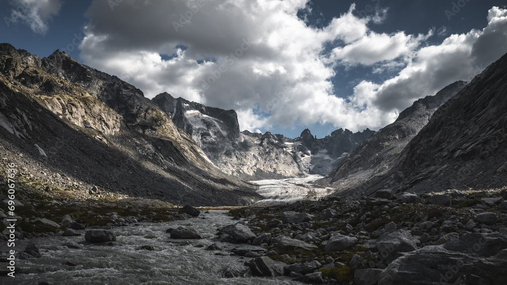 Majestic Alpine Valley with Glacier Stream
