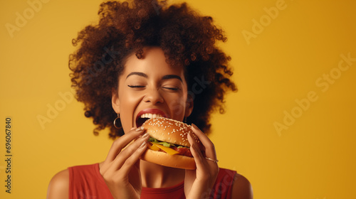candid studio shot of A hungry woman biting a delicious burger . isolated on vibrant yellow background with copy space. advertising concept for food delivery, fast food restaurant  photo
