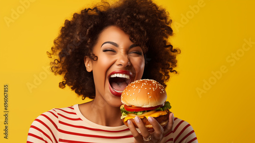 candid studio shot of A hungry woman biting a delicious burger . isolated on vibrant yellow background with copy space. advertising concept for food delivery  fast food restaurant 