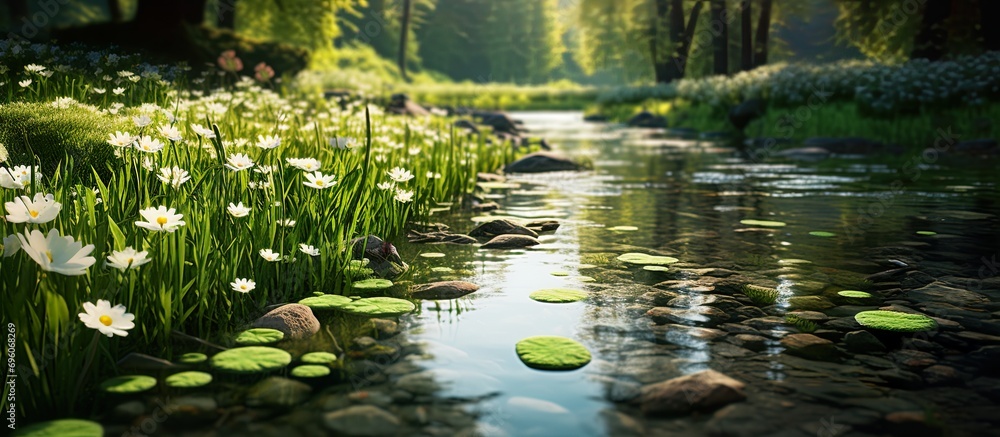 River, stream flowing in a fresh blooming meadow. Stones in water. Calm and serene spring scene, outdoors, park.
