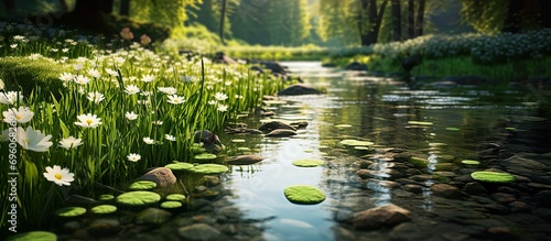 River  stream flowing in a fresh blooming meadow. Stones in water. Calm and serene spring scene  outdoors  park.