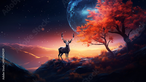 AI Generated neon color deer on hill next to a tree photo © Bidhan