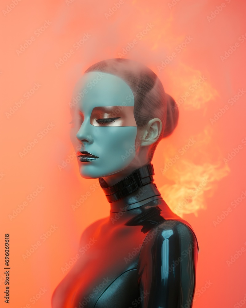 Portrait of a Futuristic Female Robot in Popart Style Amidst Colored Smoke – Ethereal Digital Art with Minimalistic Design and Cybernetic Aesthetics. Portrait of a Futuristic Female Robot in Popart Style Amidst Colored Smoke – Ethereal Digital Art with Minimalistic Design and Cybernetic Aesthetics.
