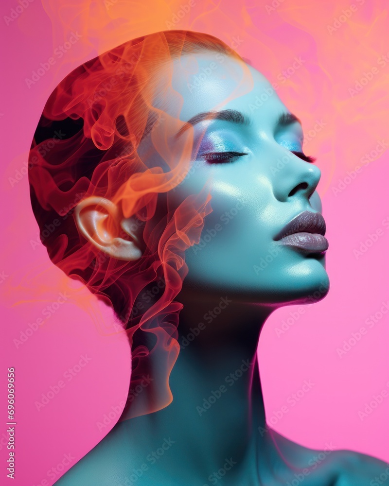 Portrait of a Futuristic Female in Popart Style Amidst Colored Smoke – Ethereal Digital Art with Minimalistic Design and Cybernetic Aesthetics. Portrait of a Futuristic Female in Popart Style Amidst Colored Smoke – Ethereal Digital Art with Minimalistic Design and Cybernetic Aesthetics.
