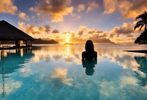 Paradise vacation woman silhouette swimming in infinity pool looking at sky reflections over ocean dream. Perfect amazing travel destination 