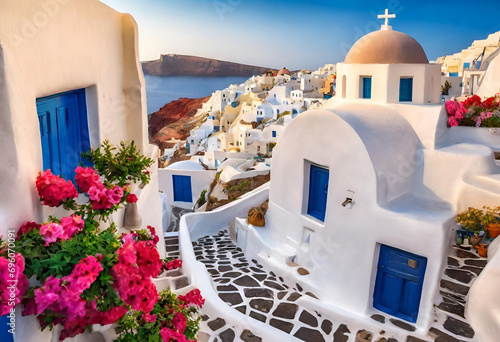 . Pictures view of traditional cycladic Santorini houses on small street with flowers in foreground photo