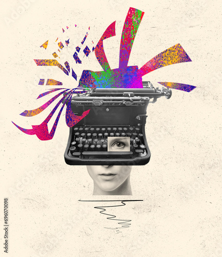 Obraz na płótnie Pop art collage. Female typing on retro typewriter over creative design background. w salonie