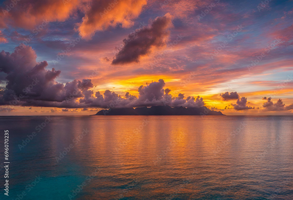 Stunning colorful sunset sky with clouds on the horizon of the South Pacific Ocean. 